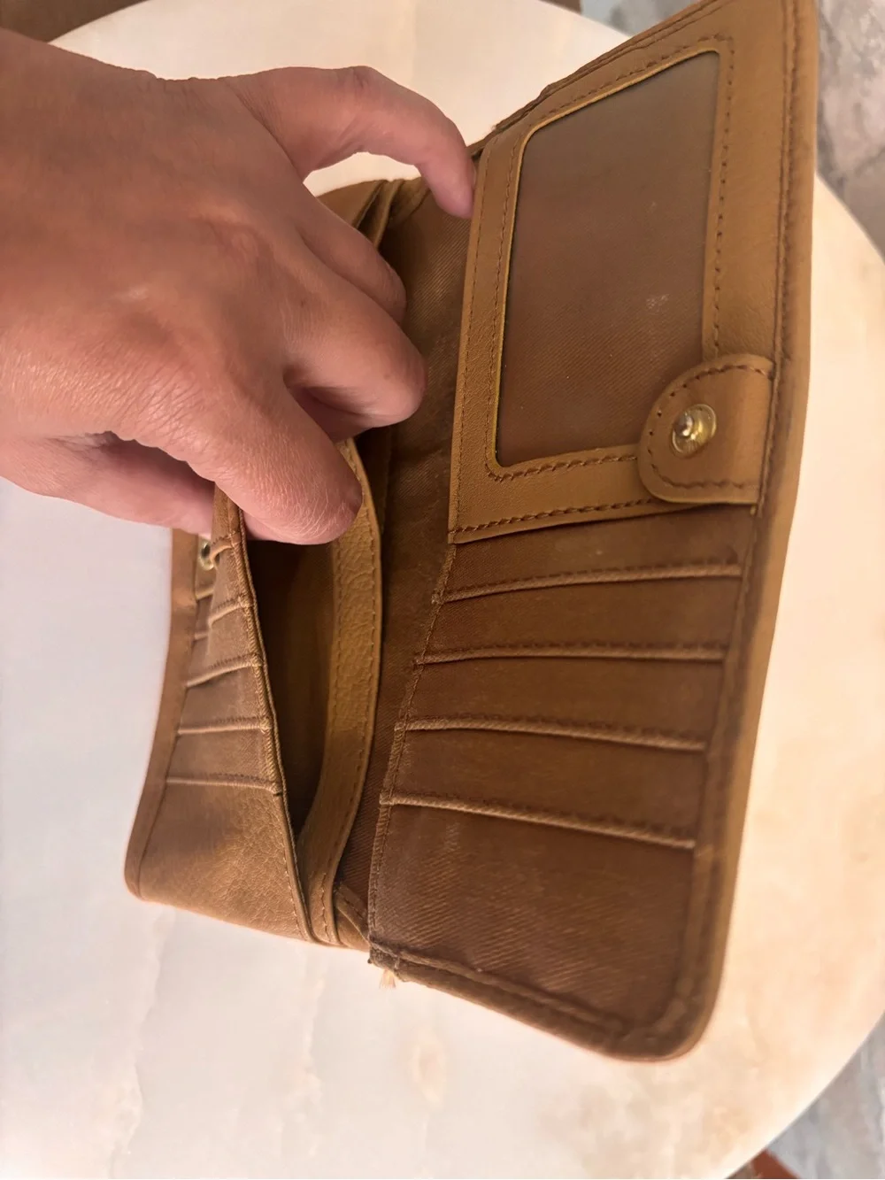 Fossil Tan Leather Zip Card Wallet with Gold Hardware